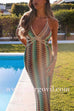 Margovil Halter V Neck Backless Color Block Crochet Maxi Dress