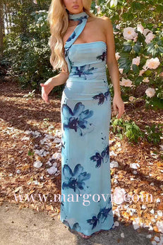 Margovil Strapless Floral Print Mesh Bodycon Maxi Dress