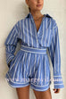 Margovil Striped Long Sleeves Curve Hem Shirt and High Rise Shorts Set