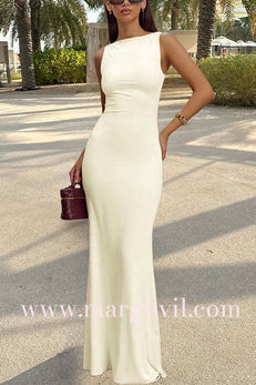 Boat Neck Sleeveless Bodycon Fishtail Maxi Dress