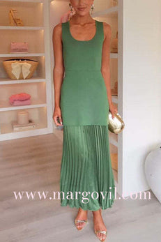 U Neck Sleeveless Pleated Splice Maxi Dress