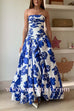 Strapless Ruched Bodice Full Skirt Floral Print Maxi Dress
