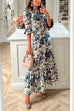 Bell Sleeves Waisted Landscape Printed Maxi Ruffle Dress
