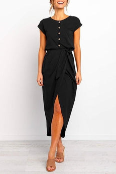 Margovil Cap Short Sleeve Buttons Tulip Hem Dress
