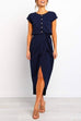 Margovil Cap Short Sleeve Buttons Tulip Hem Dress