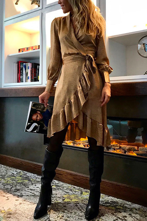 Margovil Wrap V Neck Long Sleeve Tie Waist Ruffle Dress