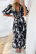 Margovil V Neck Puff Sleeves Printed Maxi Flowy Dress