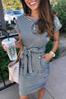 Margovil Short Sleeve Tie Waist Pockets Striped Dress