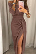 Margovil Off Shoulder High Slit Ruched Glitter Dress