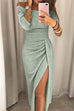 Margovil Off Shoulder High Slit Ruched Glitter Dress