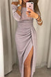 Margovil Off Shoulder High Slit Ruched Glitter Dress