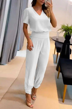 Margovil V Neck Short Sleeve Top High Waist Tapered Pants Set