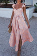 Margovil Ruffled Shoulder Bow Knot Waist Slit Printed Vintage Party Dress