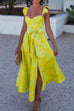Margovil Ruffled Shoulder Bow Knot Waist Slit Printed Vintage Party Dress